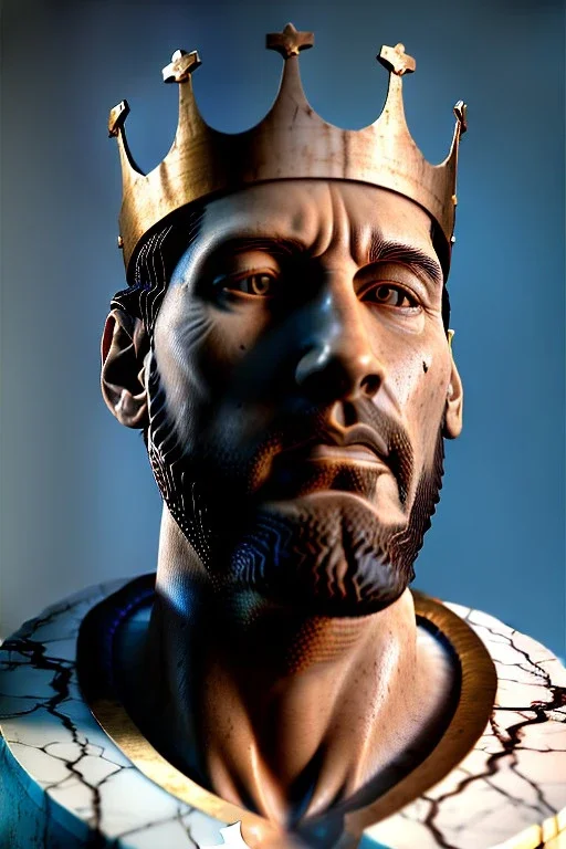 Ultra Realistic image, Roman sculpture, white marble material, Lionel Messi, gold crown of natural thorns, god crown, Miguel Angel style, sun rays background, waist up portrait, epic, celestial, cinematic lighting, God lights, 4k resolution, smooth details, soft lighting, unreal engine 5, art station, substance 3d.