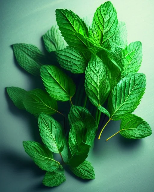 mint leaves. Realistic photo. HD. Glowing. 3d style