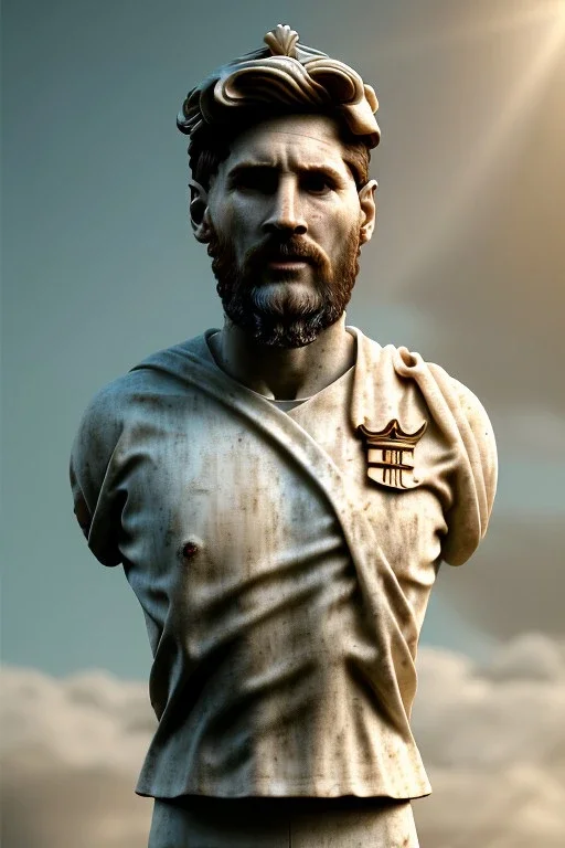 Ultra Realistic image, classical renaissance sculpture, white marble and gold material, Lionel Messi, emperor style, gold Laurel leaves crown, chisel style, waist up portrait, epic, celestial, cinematic lighting, God light, god rays, 4k resolution, smooth details, ornate details, soft lighting, unreal engine 5, sky background.