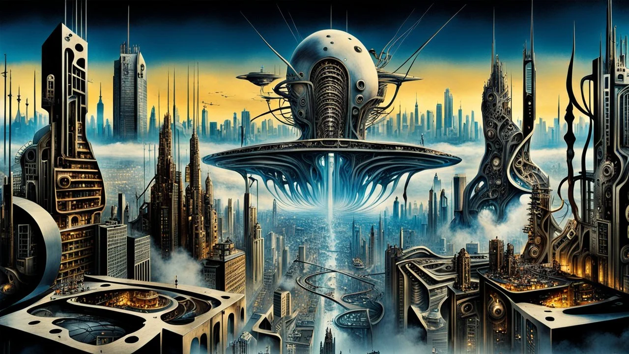 a stunningly weird image of a futuristic metropolis using Salvador Dali's paranoiac-critical method, where buildings and structures appear to melt into the skyline cityscape is filled with floating mad, twisted sharp metal shapes that interact with the buildings and each other, forming a surreal tableau of a dreamlike reality. neu-steampunk vibe, essence of the scene in a cinematic manner, with dramatic shadows that enhance the distorted perspectives and bizarre