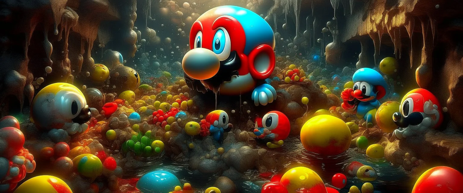 photorealistic super mario level detailing the creatures found on other worlds, retrofuturistic, phototrealism, Macabre Rapture End of days Revelation scene, isanely detailed matte oil painting, sinner apotheosis,diagonal composition, unbalanced, abstract surreal horror, eerie, scary warm a colorful splash of steampunk bubbles , amazing splashscreen artwork, photoshop water art, liquid painting, swirling paint colors, ink splash,