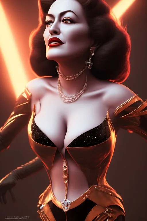 Joan Crawford as evil queen in black leather, busty, cleavage, dominatrix, curvy, angry, stern look. unreal 5, octane render, cinema4d, dynamic lighting, dramatic lighting, 4k, redshift render, highly detailed, hyper realistic,anthropomorphic