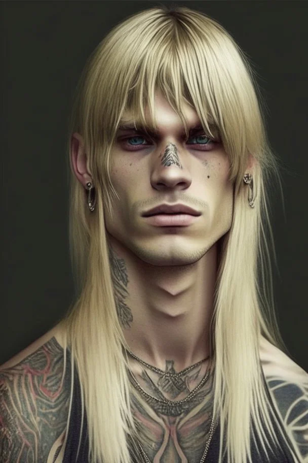 Long blond straight hair with bangs, neck tattoos, blind, man