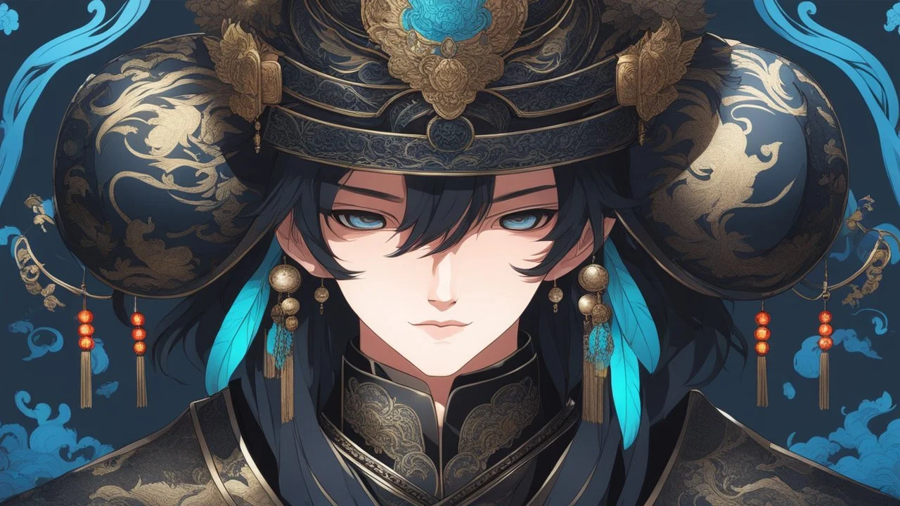 A man wears a black glass helmet and Chinese clothes , black and blue color, solo leveling shadow drawing style, neon, intricate details, highly detailed, high details, detailed portrait, masterpiece,ultra detailed, ultra quality