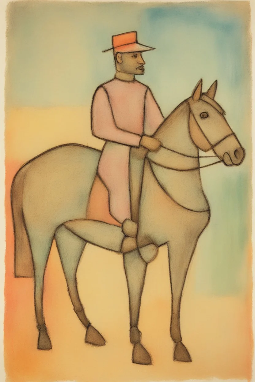Man on horseback in the style of Paul Klee, Degas, pastel chalk with thin sketchy lines, vibrant colours, ink transfer