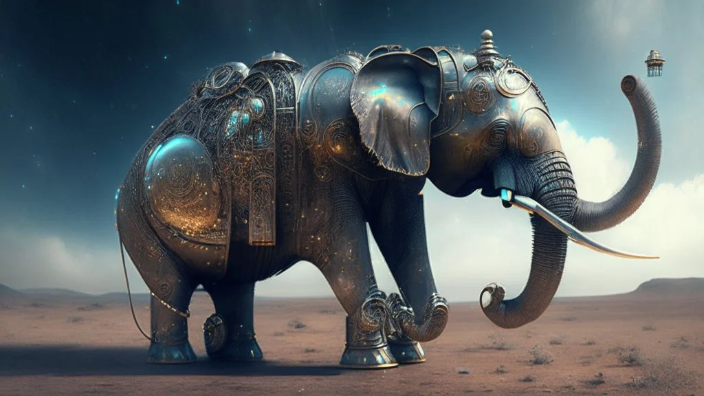 a metal elephant that travels the universe