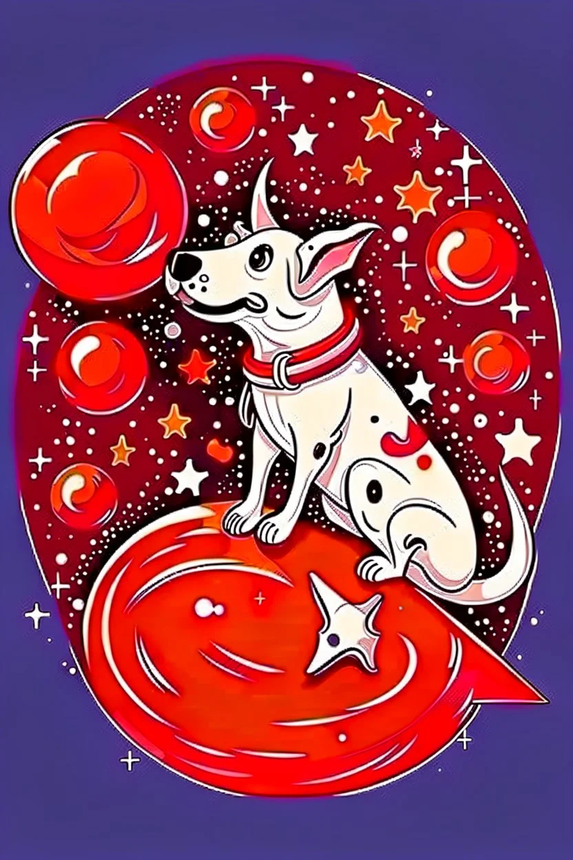 white and orange dog flies to the moon top of the a rocket