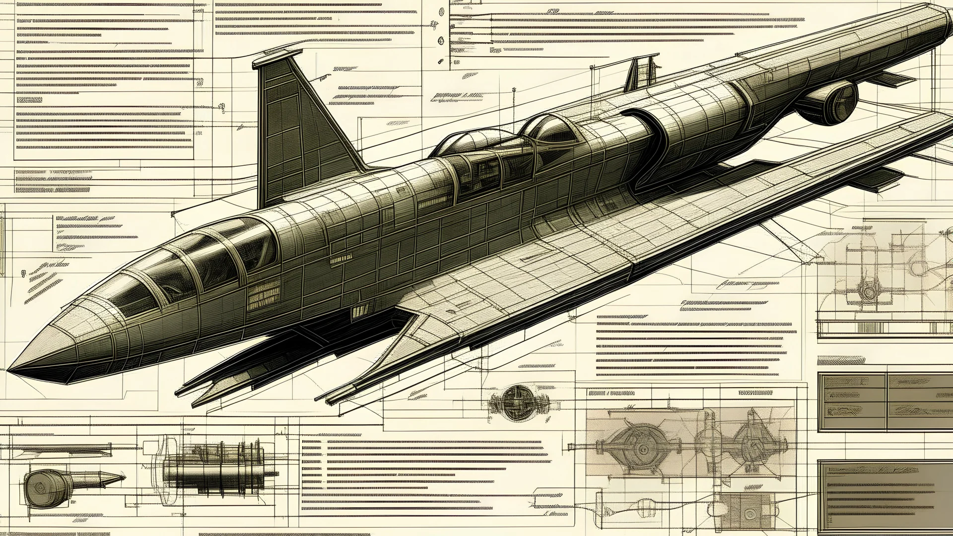 A dashboard with a schematic drawing of a futuristic military jet, marginalia, technical drawing with exploded view, with a sign that says 'top secret'