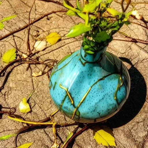 artistic photo of a tiny cracked ceramic vase repaired with gold, kintsugi, garden setting, beautiful landscape photography, beautiful, vines and leaves, delicate, cinematic, high detail, beautiful composition, delicate arrangement, aesthetic, soft lighting, award winning photography, tender