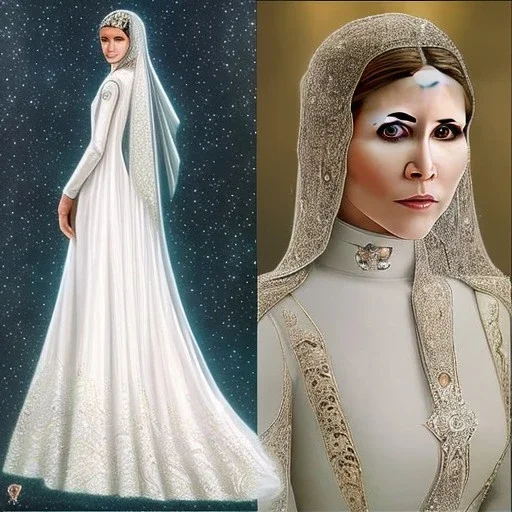 pltn style, beautiful photorealistic carrie fisher, hazel iris, jeweled veil, tall, slender, long hair, smooth, flawless skin, deep, mysterious eyes, white gown, intricate beading, sparkling jewels, diamonds, rubies, regal, dignified, graceful, fluid, ethereal quality, light steps, roses, jasmine scent, shimmering light, spirit, hope, joy, mortal, extraordinary beauty, charm, mystery, legend, fascination, cute big circular reflective eyes, Pixar render, unreal engine cinematic smooth, intricate