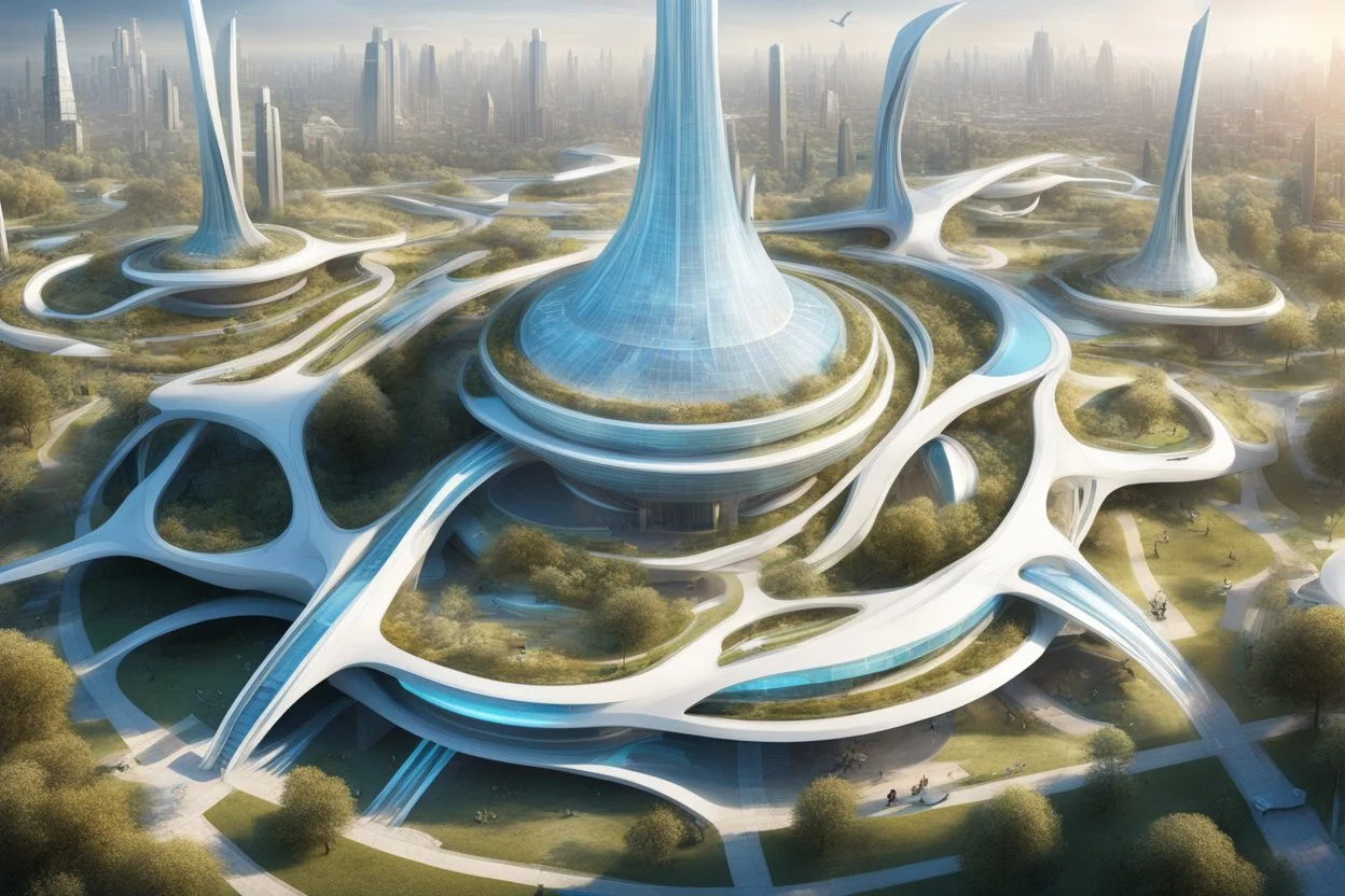 theme park of the city of the future 2050, fairy tale, radiance, abstraction, bird's eye view