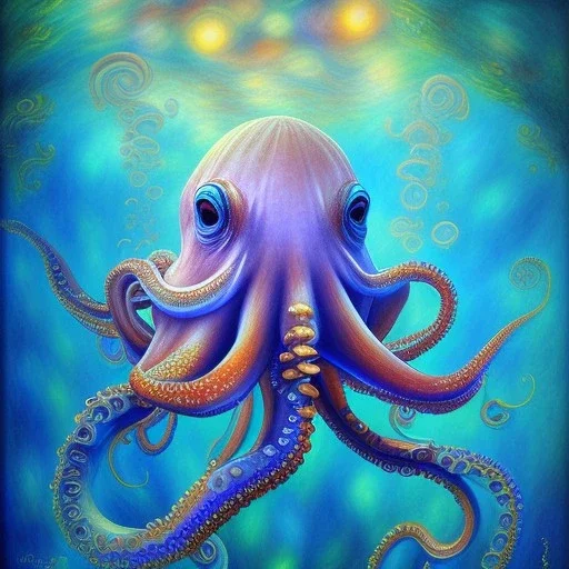 beautiful mystical underwater octopus, seashell, fish, high quality, acrylic paints, pastel colors, by Renoir