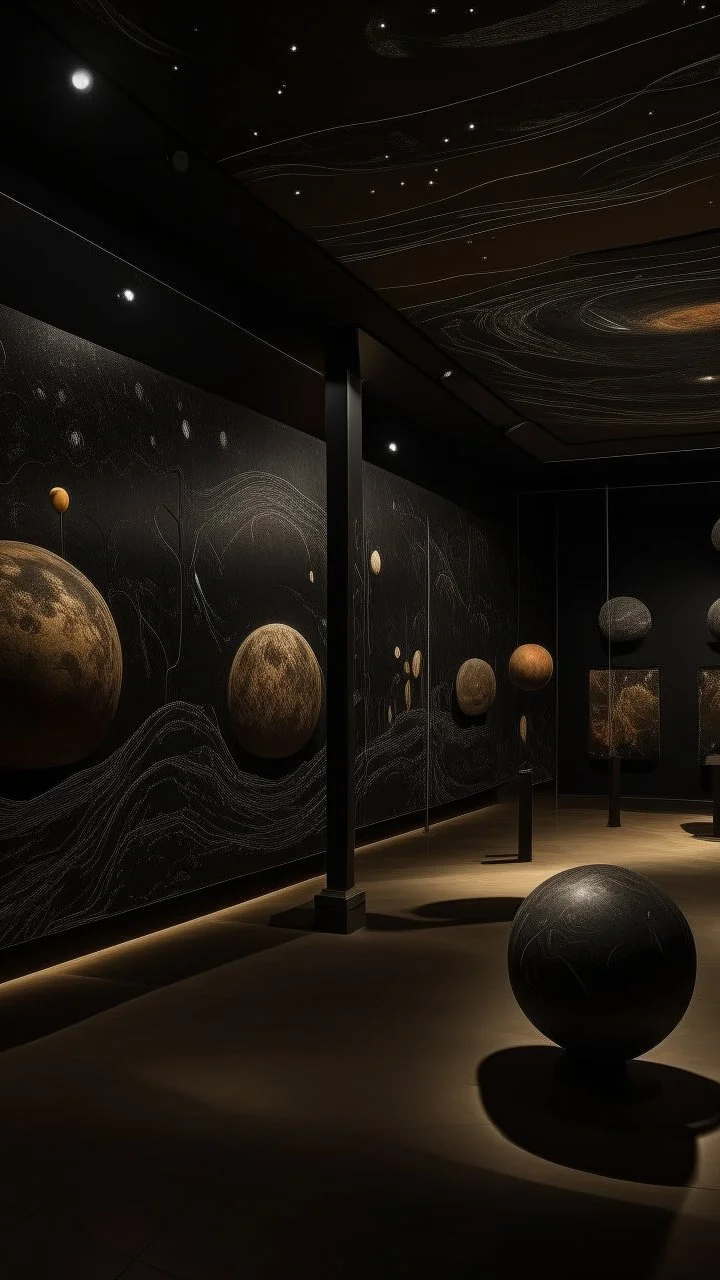 A brownish black space with ESP planets designed in native American petroglyphs painted by Clyfford Still