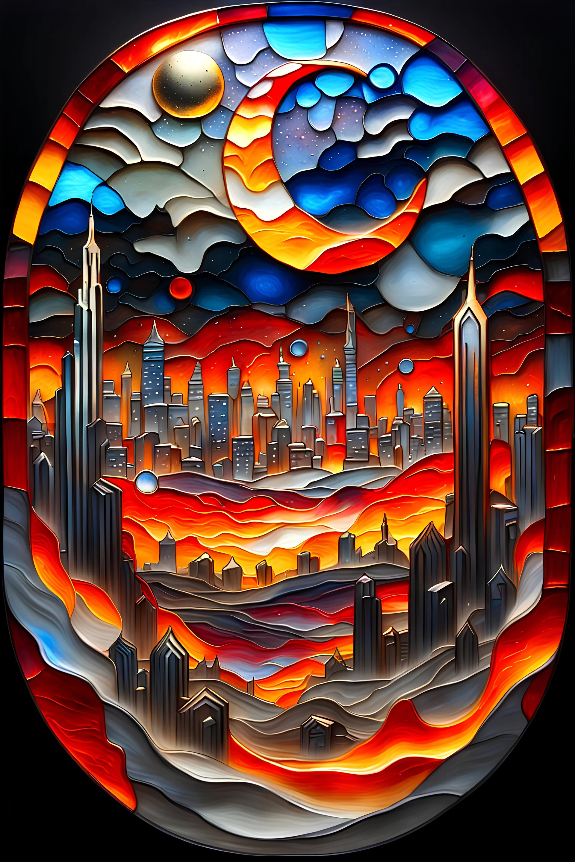 Convert to Abstract Graffiti style: round 3D embossed textured ethereal image, a cityscape on the distant horizon, in molten lava; made of stained glass, agate with gold foil highlights, coals. red, orange, yellow, blue, silver, grey, black; 3D, fire, flames, smoke, nebula sky, small crescent moon, starry night, glowing embers, gold smoke, sparks, realistic, sharp lines, extreme detail