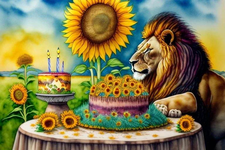 Lion is having a birthday cake. Sunflowers. Highly detailed, smooth colours, realistic landscape. Aquarell