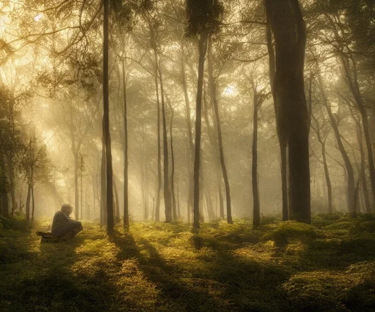 an old man is floating in the middle of the image in a misty forest in spring at sunrise with warm light rays, highly detailed, intricate, 8k, unreal engine, cinematic, vibrant, colorful, ultra high resolution