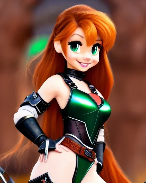 Disney cartoon style, hyper detailed, strikingly beautiful teen female, 16 years old, long ponytail, ginger hair, green eyes, medium freckles, full lips, micro top, black leather armour, full body, full face, tiny breasts, athletic, centred camera, ignore NSFW, thong, camel toe, athletic