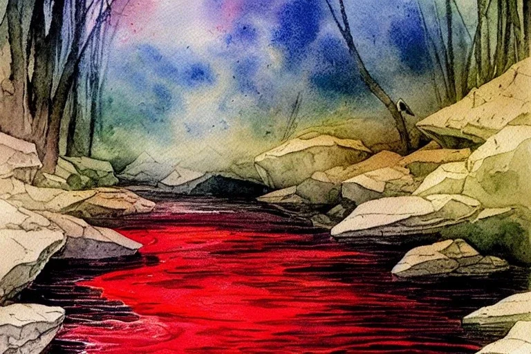 The red hot River Styx leading to hades, Charon, Impressionist brush strokes, high detail, dark dull color, Watercolor, fine detail, high quality, masterpiece,