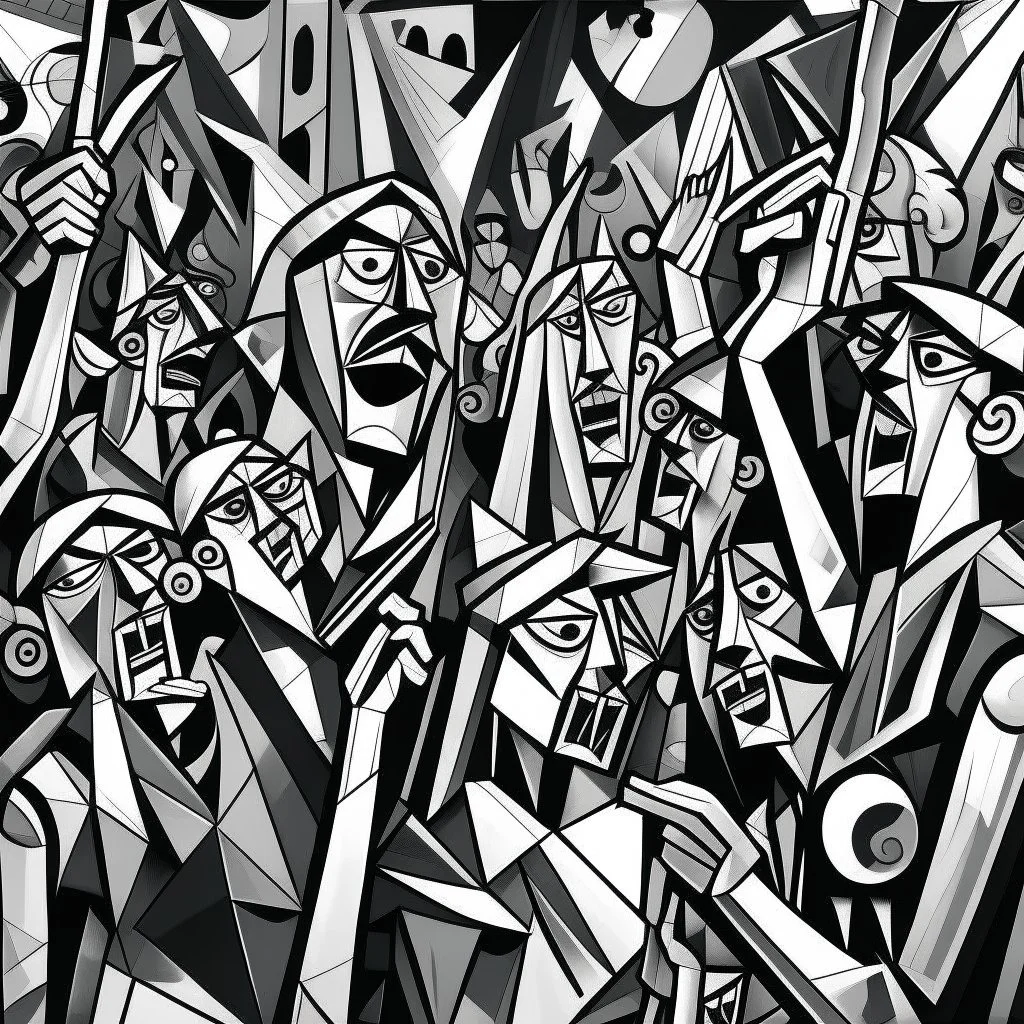 picasso cubism crowd of people black and white screaming with guns