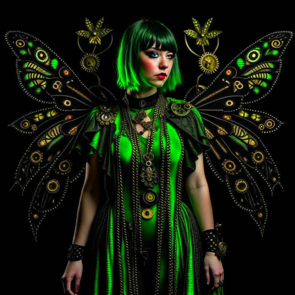 Full body, gothic woman with a bob with a fringe hairstyle, steampunk metal moth wings, green markings, black background