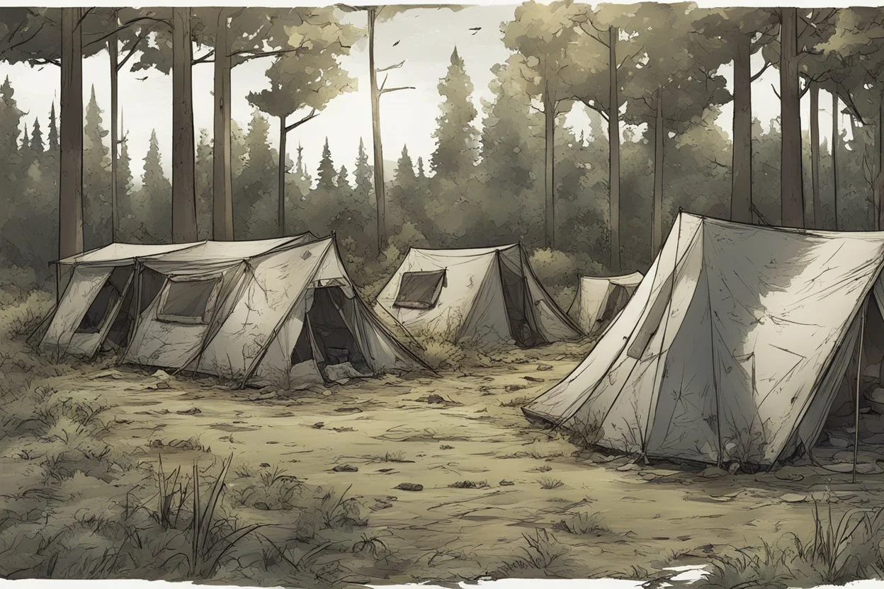 campsite, tents, overgrown, post-apocalyptic, comic book, forest