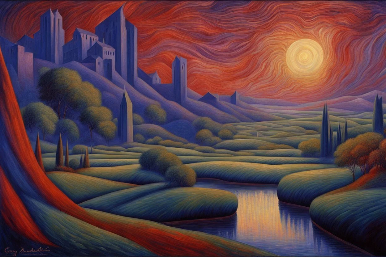 a landscape in futurism style, elegant extremely detailed intricate vibrant beautiful award winning high definition crisp quality noctilucent by artist "Umberto Boccioni"by artist "Leonora Carrington",by artist "Guy Orlando Rose"