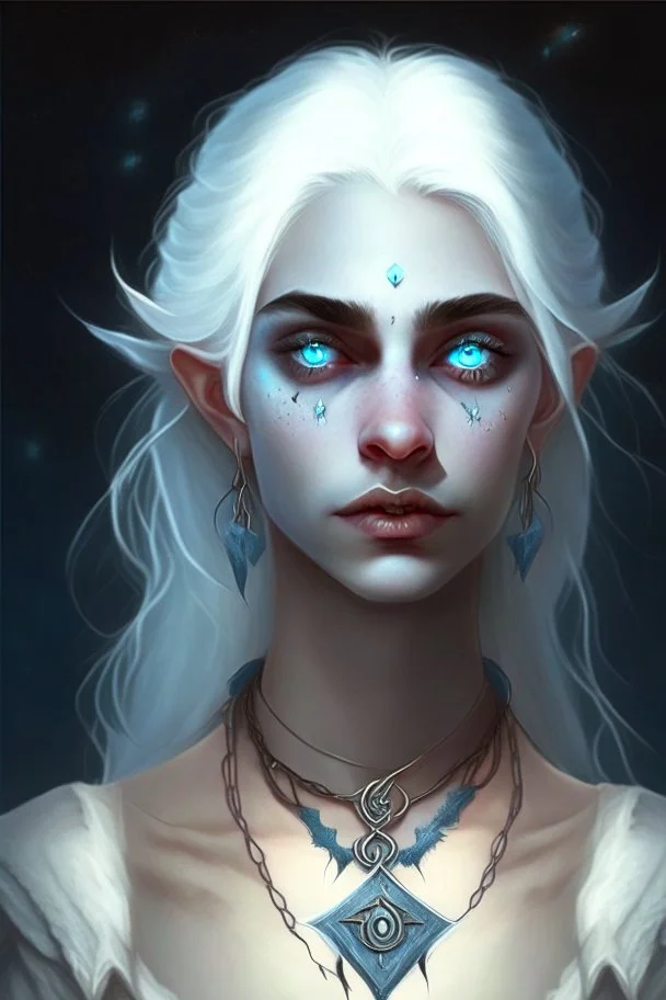 hauntingly beautiful character for dnd, young woman with white hair and blue eyes, angel, with moon necklace, fangs visible