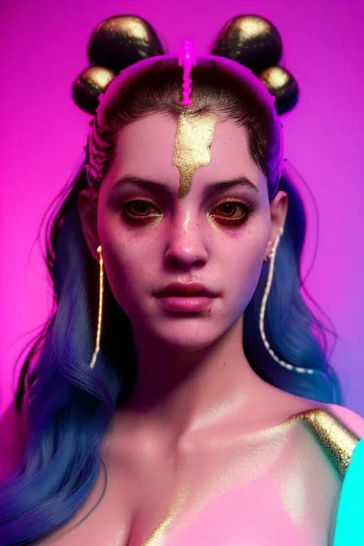 Realistic image, Rosalía artist, portrait, waist up portrait, pink black eye line, sweet, gold and pink geisha style, glow make up, led lights, neon, fog, rain, latex, vibrant color, highly detailed, art stations, concept art, smooth, unreal engine 5, god rays, ray tracing, RTX, lumen lighting, ultra detail, volumetric lighting, 3d, finely drawn, high definition, high resolution.