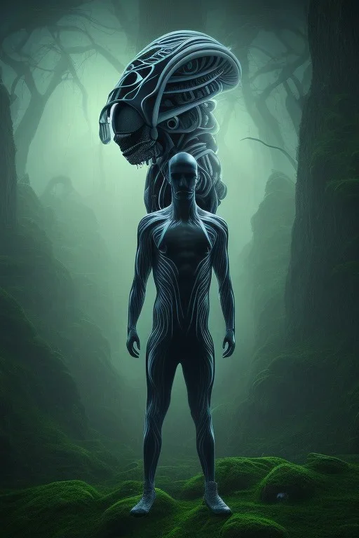 running alien portrait , black jogging suite , in the night Alps , holding leaves and coins , angels background, volumetric light, high detail, dark leaf tree, dark mountains in background, perfect, HR Giger style