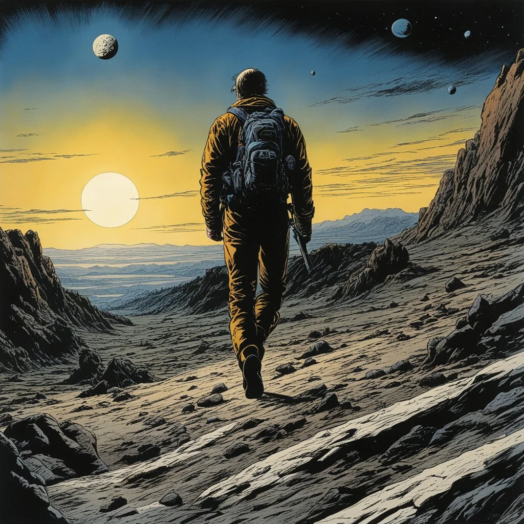 Drawn by Bernie Wrightson, colored by Scott Hampton: A hard day in earth's orbit. But everything ended well. The evening was a success. Armageddon.