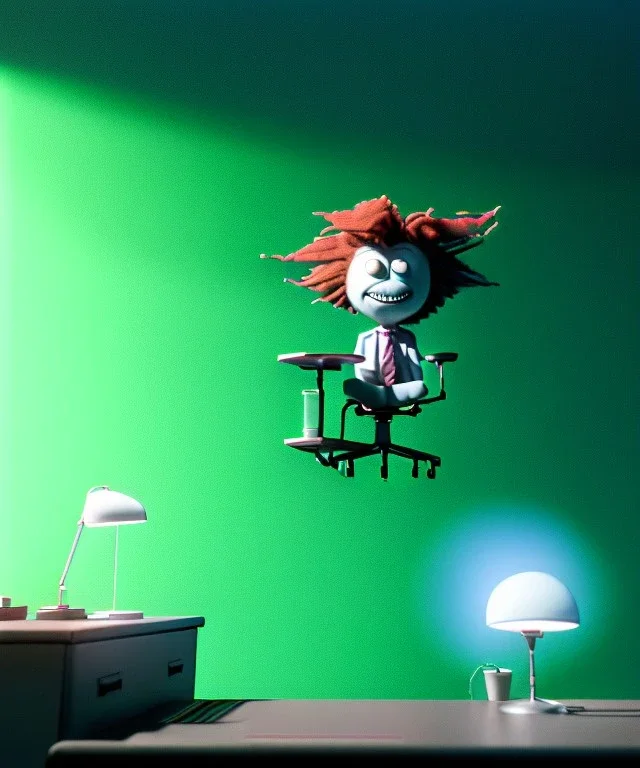 Realistic office room. sweet big hair monster sitting. Tim burton style. Red hair, smile, happy, gradient color fog. highly detailed, concept art, unreal engine 5, ray tracing, RTX, lumen lighting, ultra detail, volumetric lighting, 3d, finely drawn, high definition, high resolution.