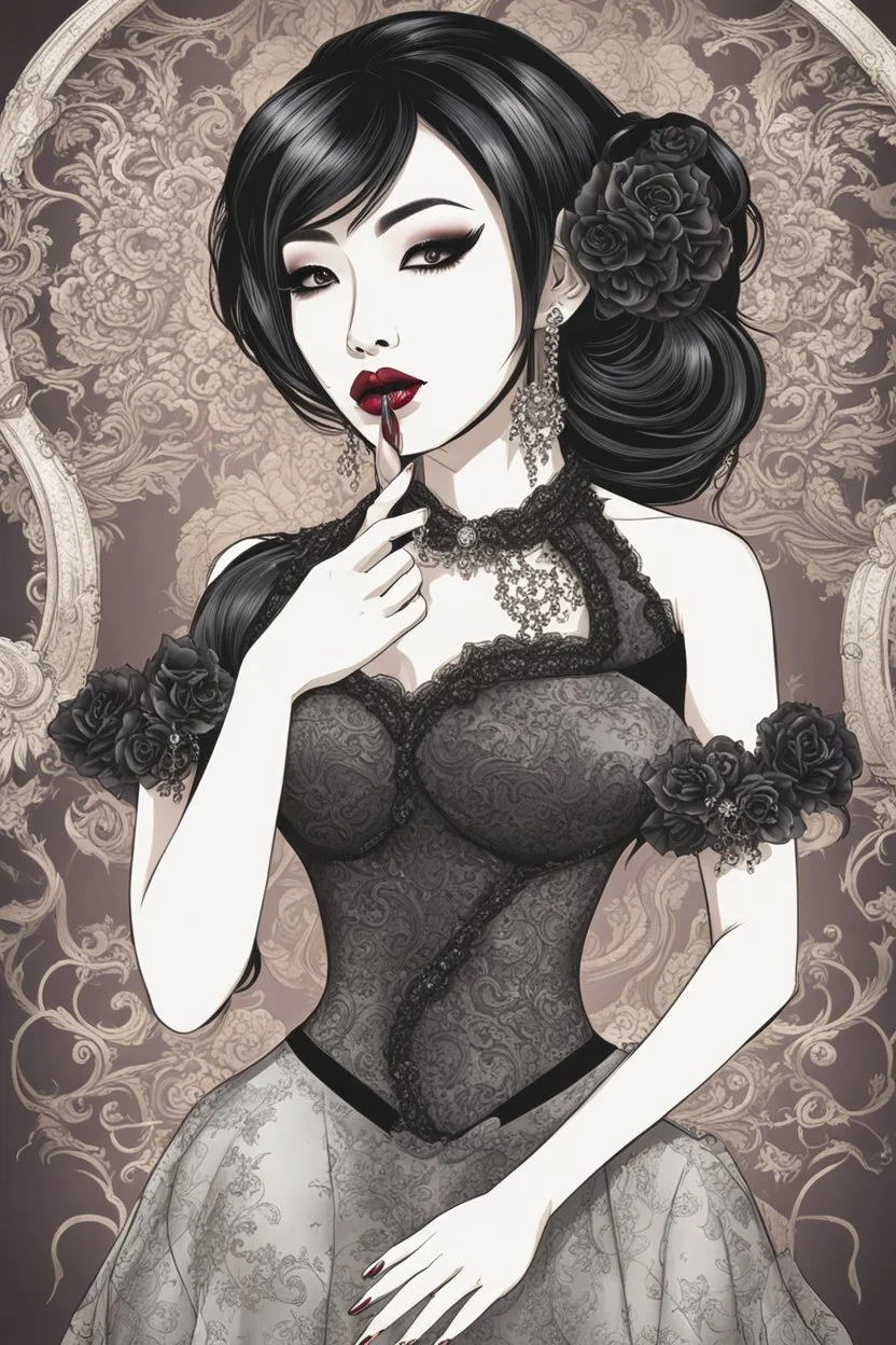 An attractive gothic Asian woman wearing a black dress, goth make up likely at a formal event or night out. She has a stunning look with her makeup and lipstick, drawing attention to her lips. The stylish dress and her passionate expression create an elegant and alluring atmosphere.