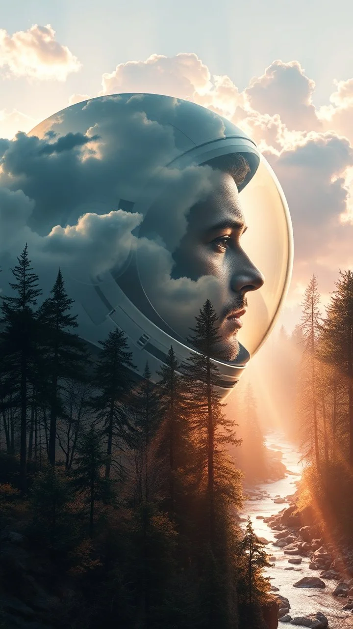 portrait of an astronaut Double exposure surreal digital art of a mysterious , his face in profile, blending seamlessly into the shape of the clouds . a magical forest scene unfolds, illuminated by golden light rays, with tall trees and a flowing river.