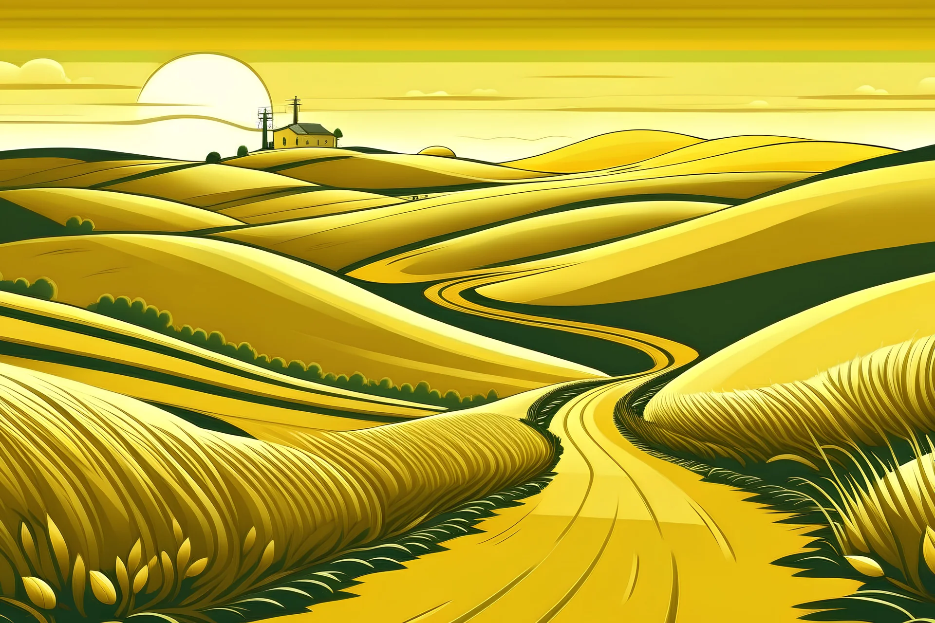 illustrated kansas landscape, winding road, rolling hills of wheat and oil tanks in background