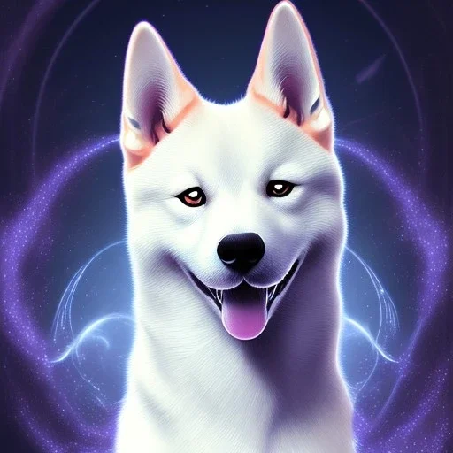 albino shiba inu, ethereal blue violet aura, Orion, orbs, hunter