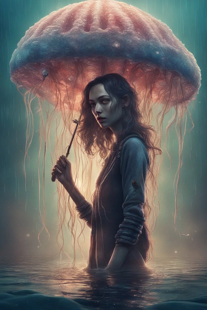 tall slim woman in ragged clothing, in an underwater scenen, holding an umbrella made from a jellyfish, raining, detailed matte painting, deep colour, fantastical, intricate detail, complementary colours, fantasy concept art, 8k resolution, Unreal Engine 5