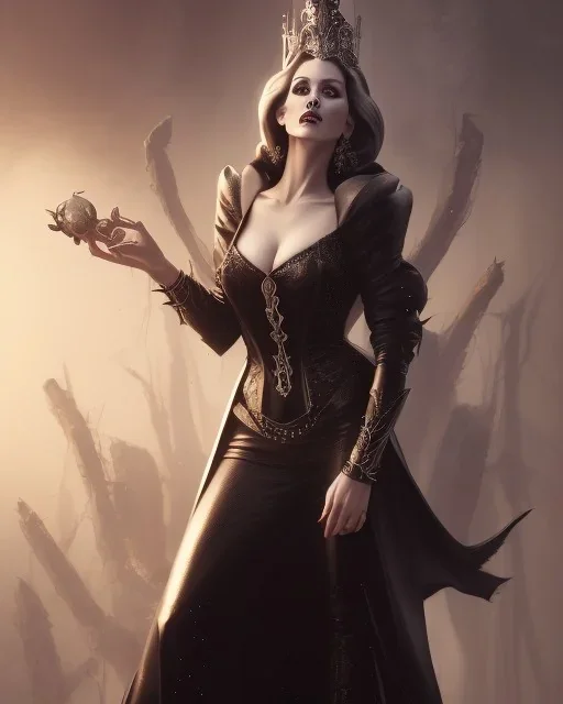 old evil queen in black leather gown, femme fatale, volouptous, busty, cleavage, angry, emperious, 8k resolution concept art portrait by Greg Rutkowski,