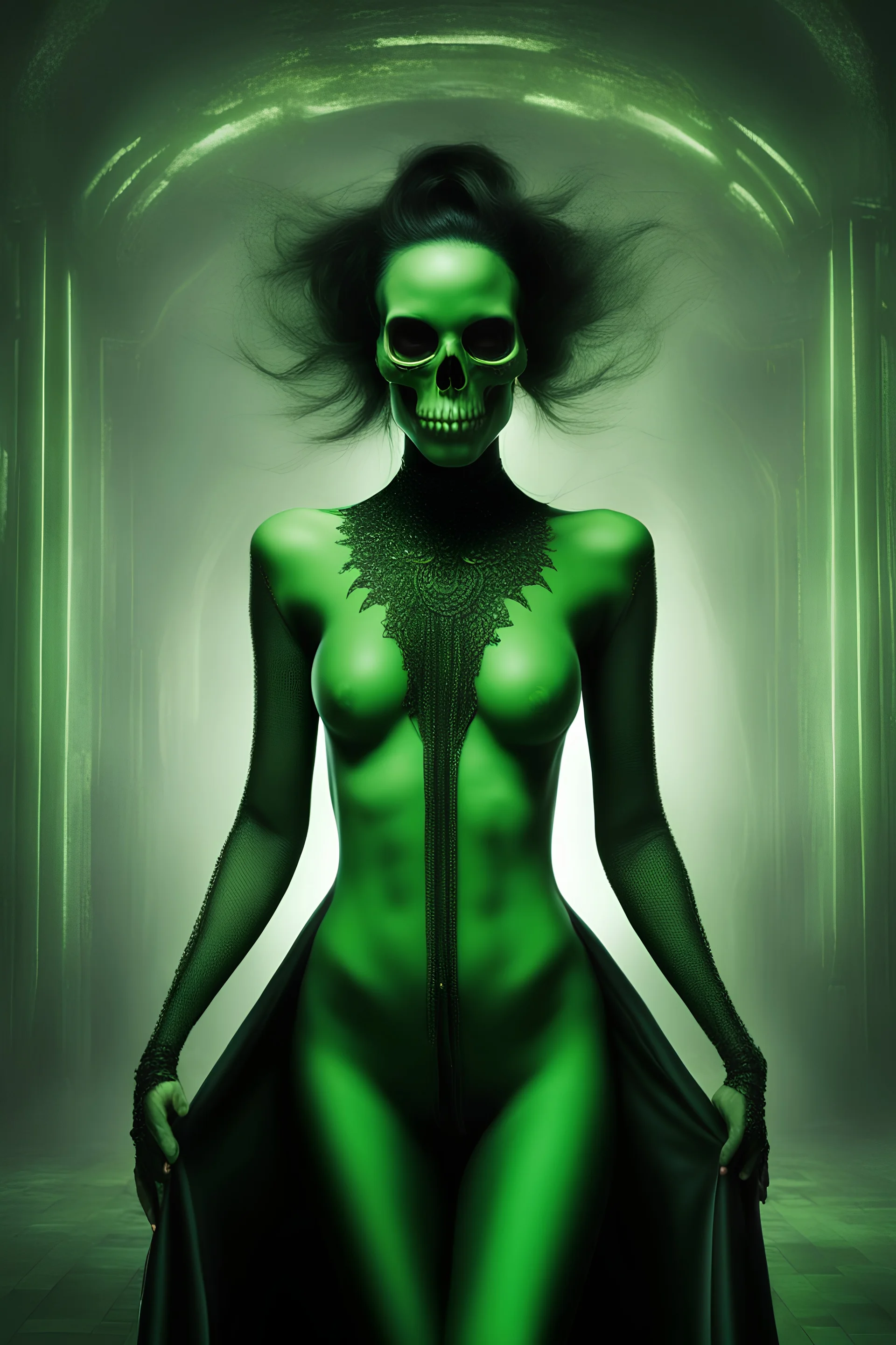 inspired by all the works of art in the world - A Fantastical Heavy Metal Rock and Roll Comedy in 3 notes - Zym Fandell, an extremely tiny, thin, voluptuous beautiful skull-faced Green Martian female with long, black hair, full body image, wearing a skinsuit, Absolute Reality, Reality engine, Realistic stock photo 1080p, 32k UHD, Hyper realistic, photorealistic, well-shaped, perfect figure, perfect face, a multicolored, watercolor stained, wall in the background, hickory dickory Clock