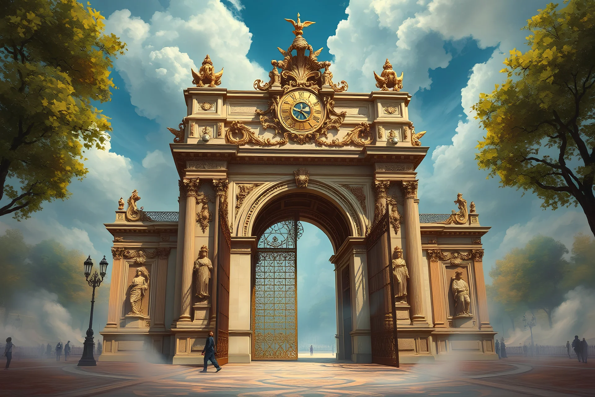 ornate baroque entrance gate, Arc de Triomphe, beautiful gilded building, fantasy art painting