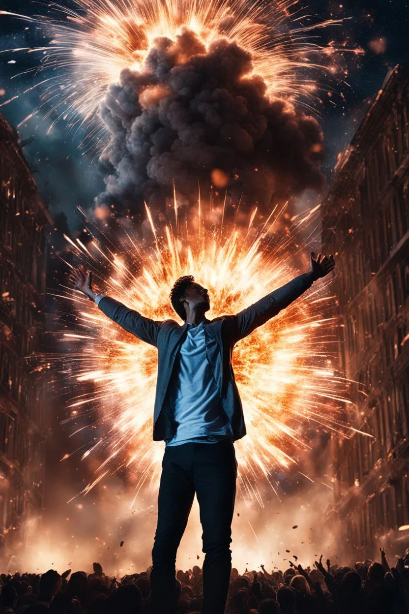 Young man standing, with arms raised, in front of an exploding building at night, with auras around him