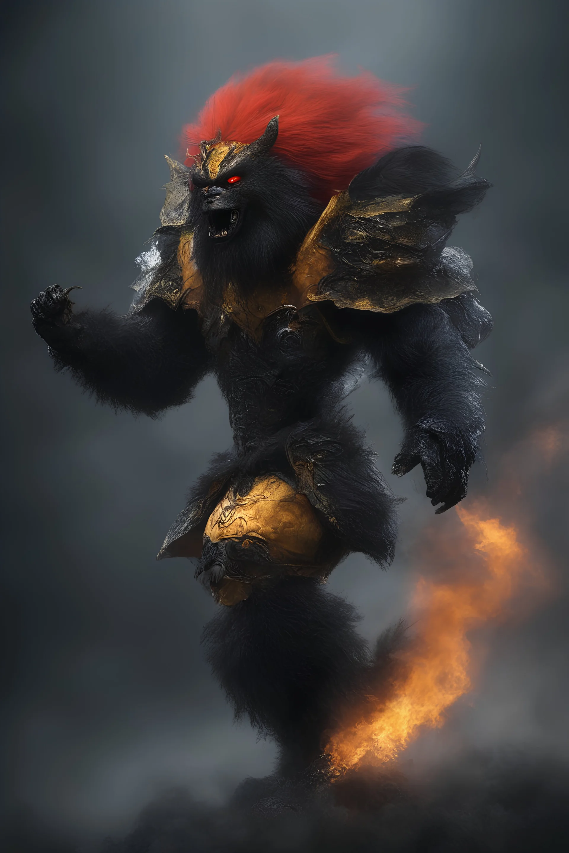 full body, head to toe, 3D, the anthropomorphic black Chinese Indian werewolf Bumble Bee with Long wavy, curly (((red hair))) breathing fire, resembles Elvis Presley - full color - 32k, UHD, 1080p, 8 x 10, glossy professional quality digital photograph - dark foggy gradated background, historic, powerful, octane rendering, exquisite detail, 30 - megapixel, 4k, 85 - mm - lens, sharp - focus, intricately - ((skin details, high detailed skin texture