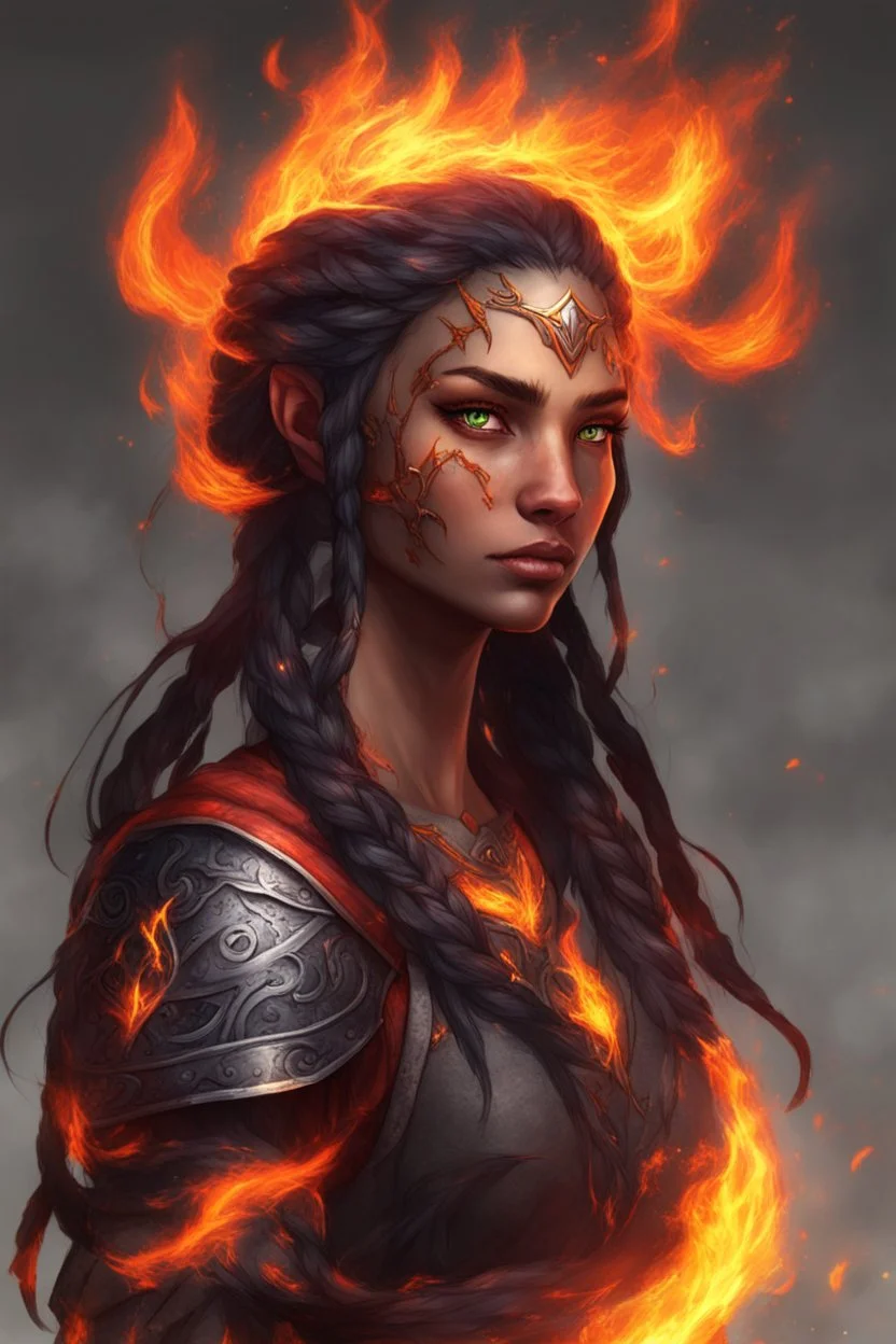 Paladin druid female made from fire . Hair is long and bright black some braids and it is on fire. Eyes are noticeably red color, fire reflects. Make fire with hands . Has a big scar over whole face. Skin color is dark