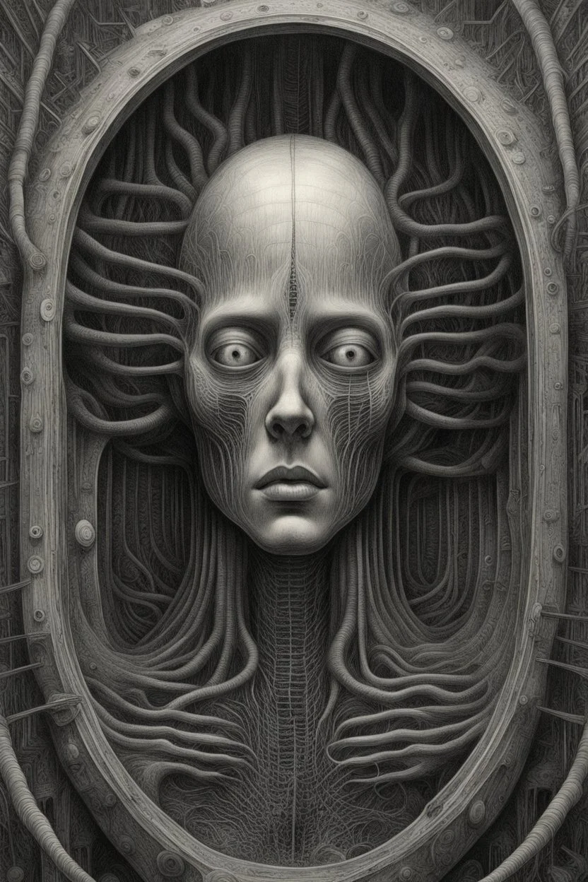 A field of thousands hands and heads inside a human cell , a thin line draw ،front view camera, surreal horror, biomechanical design, by hr giger and beksinski , Busch painting style
