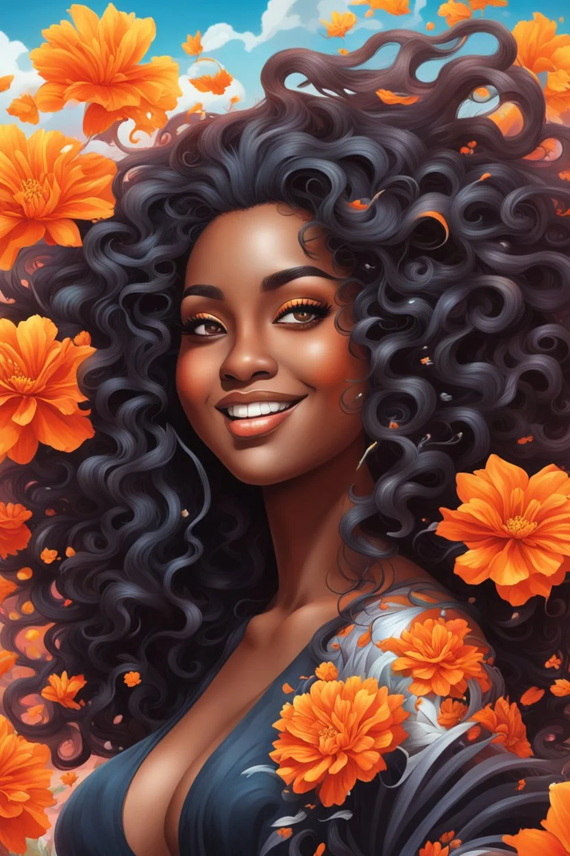 vibrant psychedelic analytic image, airbrush, 8k, cartoon art image of a black curvy female looking to the side smiling with a large mane of curly ombre hair flowing through the wind, prominent makeup with hazel eyes, highly detailed hair, background orange and white flowers surrounding her, dystopian