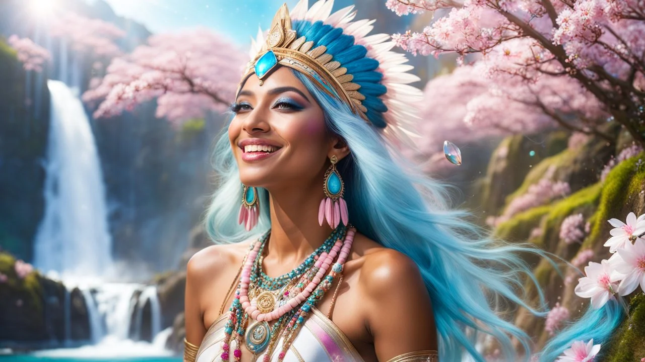 Photo realistic portrait of a gorgeous smiling skinny native indian goddess with a golden dark shining skin, long smooth clear turquoise blue and pink white hair, blue eyes, in a sci-fi outfit with luminous strikes blowing a kiss in a hill of flowers with sakura trees, a waterfall, a crystal palace, loads of mini flowers, moss, sun rays through the branches, particles in the air at spring. Intricated details,