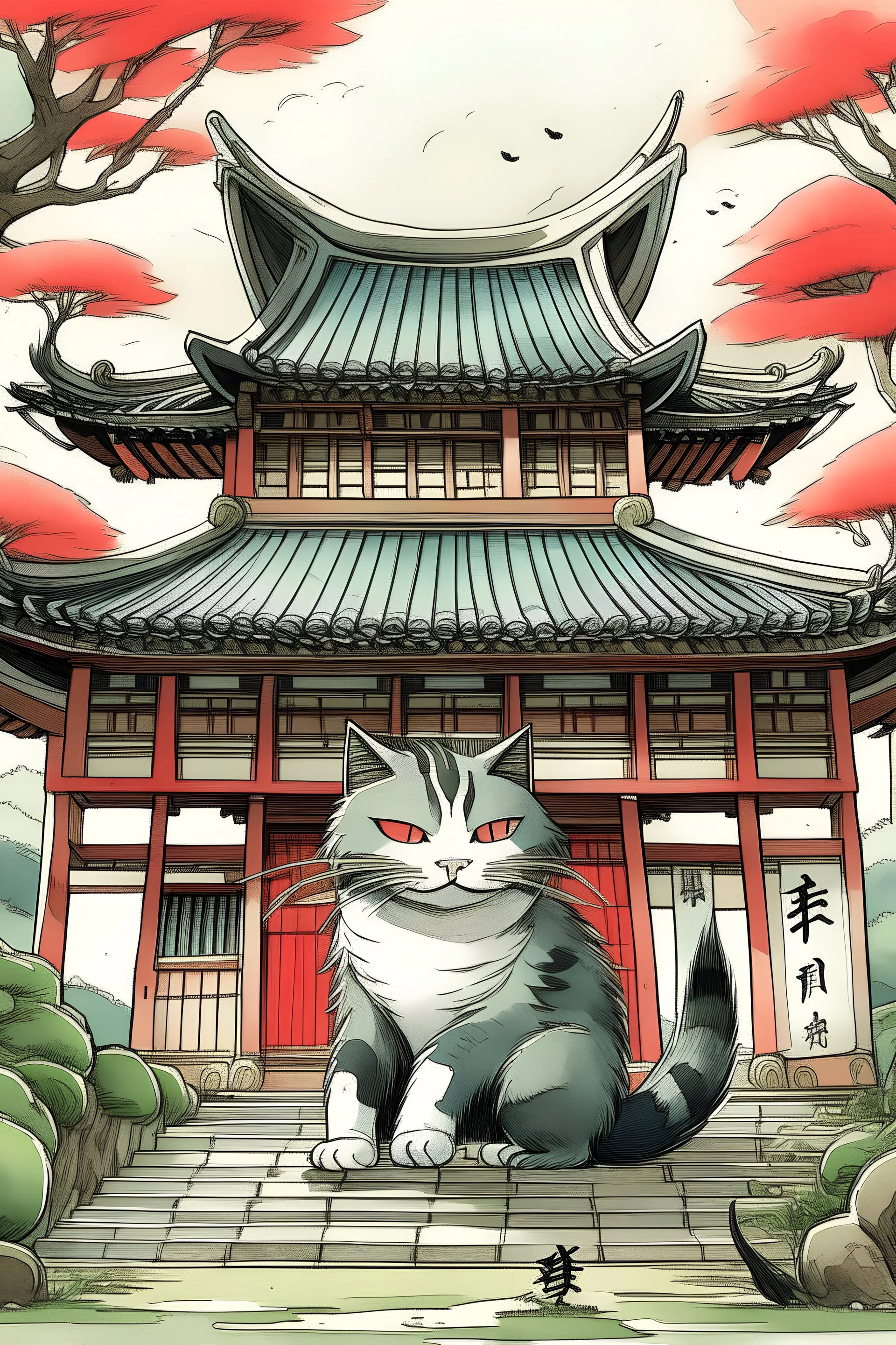 bakeneko, giant cat, japanese house, yokai