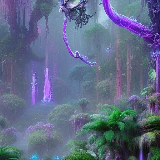 Avatar Pandora forest neon glowing plants fantasy purple blue green vibrant HD high definition 4K detailed lush beautiful tropical misty sparkles