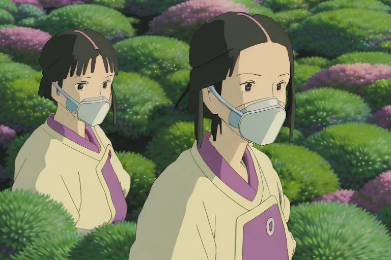 Inside one of these biodomes, we see Yui, a young woman in her late teens. Her intense gaze is focused on the myriad of exotic plants that surround her. Her respirator, a sleek, silver device studded with small LED lights, hangs from her neck, a stark reminder of the poisonous air outside. She wears gloves with in-built digital displays, showcasing readings of the biodome's atmosphere composition.