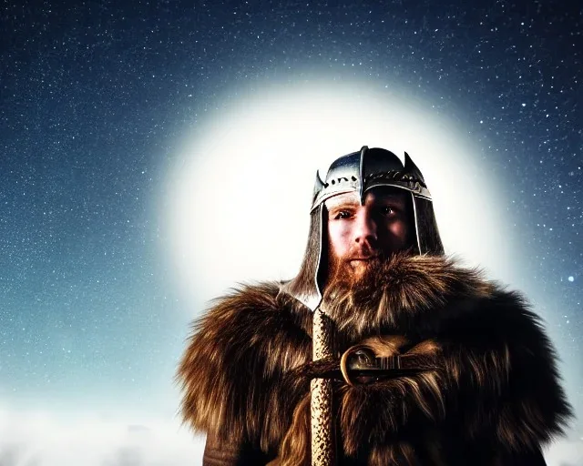 a sad and lonely viking looking up at the stars at night, hyper realistic, 8k, insane detail, atmospheric background, crying eyes, big fur coat, long braided hair, sharp focus, soft background, dynamic lighting, viking helmet, night time