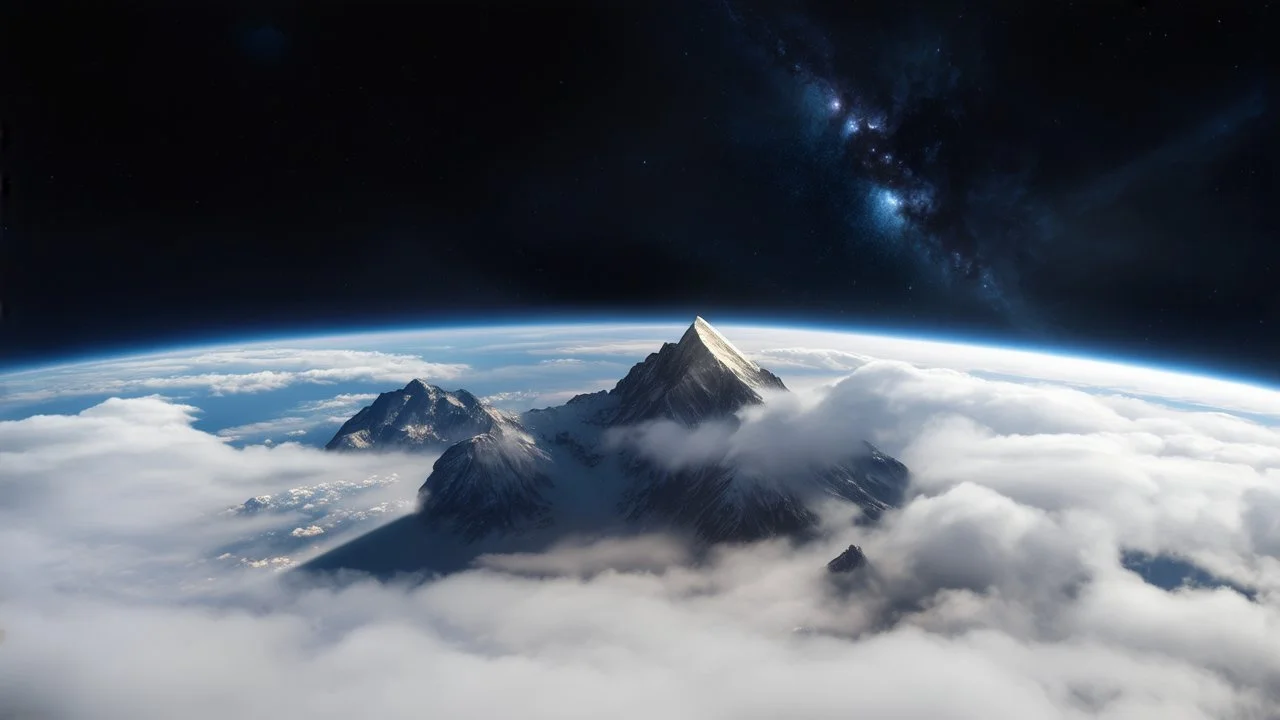 a fog planet's atmosphere is pierced by a single sharp mountain peak. a curved horizon separates the starry space